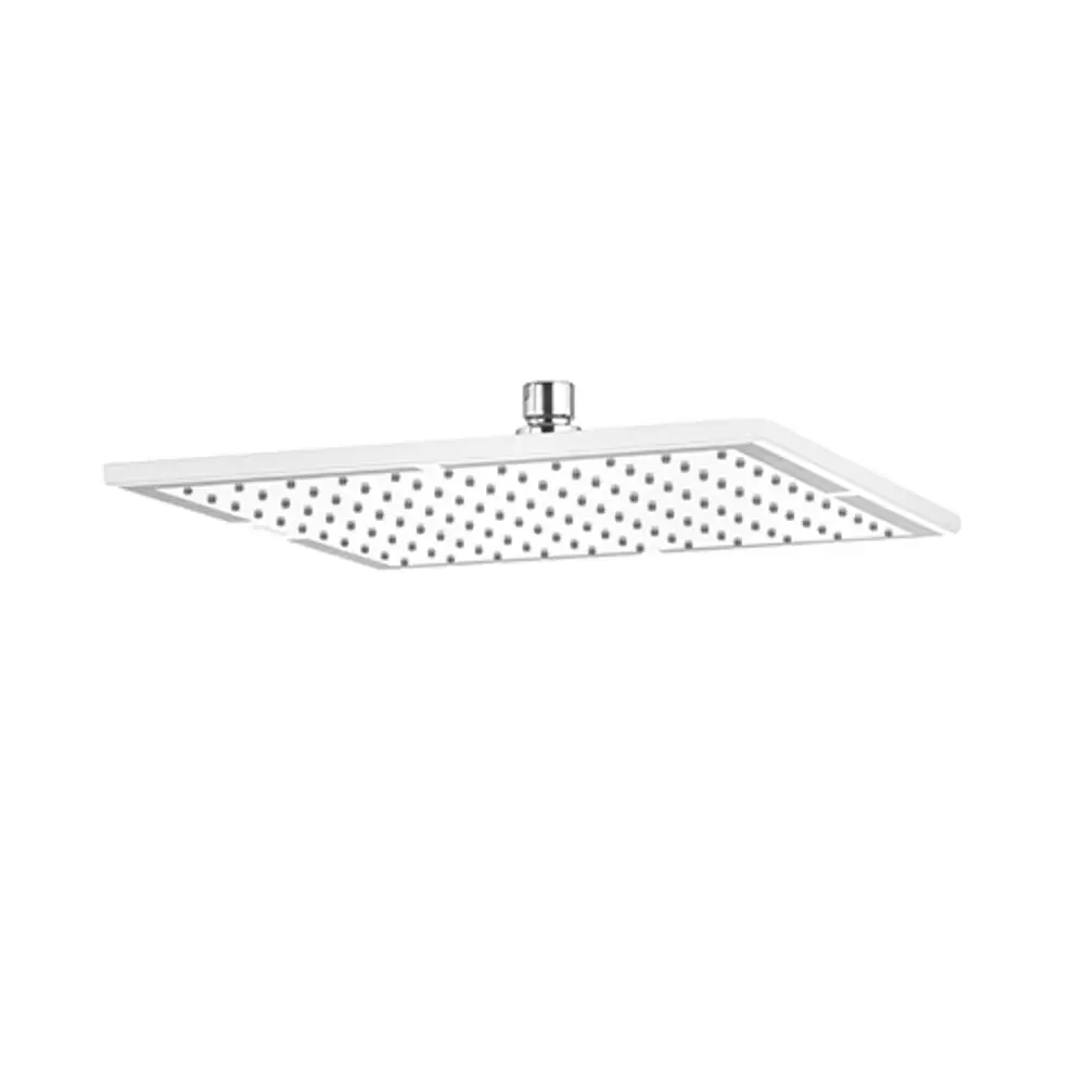 Dachmontierte, quadratische Kopfbrause von Kludi mit einem weißen Gehäuse und einer glatten Oberfläche, ausgestattet mit mehreren Wasserstrahldüsen.